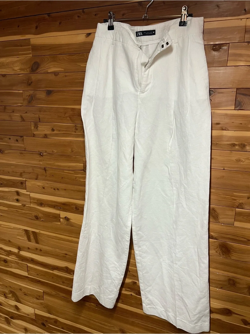 Zara Cream High-Waist Linen-Blend Trousers